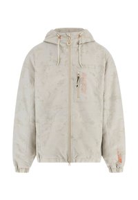 Light beige jacket with a textured pattern, zip front, adjustable hood, elastic cuffs, and an orange logo on the chest pocket.