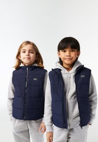 Gilet imbottiti blu con zip, indossati sopra felpe grigie con cappuccio. Texture leggera e trapuntata con piccolo logo verde Lacoste sul petto sinistro.