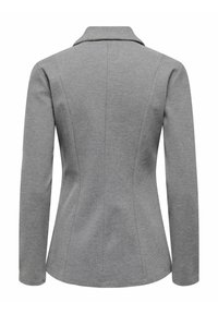 Vue arrière d'un blazer gris cintré à manches longues avec un col montant et des détails de coutures visibles le long du dos.