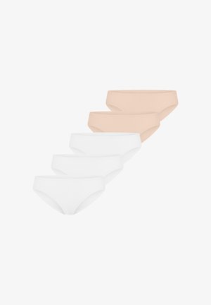 Fünf einfarbige Baumwollslips, in zwei beige und drei weiße Paare angeordnet, vor weißem Hintergrund gezeigt.