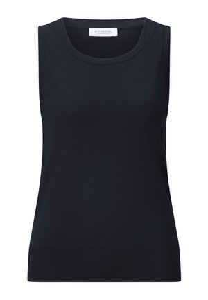Ärmelloses schwarzes Tanktop mit rundem Ausschnitt und geripptem Saum, mit der Aufschrift Rich Royal am inneren Kragen.