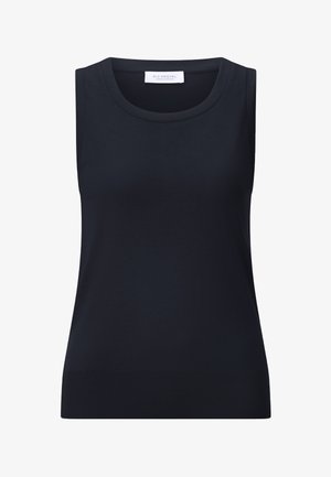 Ärmelloses schwarzes Tanktop mit rundem Ausschnitt und geripptem Saum, mit der Aufschrift Rich Royal am inneren Kragen.