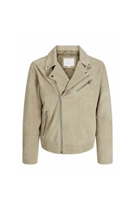 Beige velúrbőr motoros dzseki, hajtókás gallérral, aszimmetrikus cipzárral és két elülső cipzáras zsebbel. Simább textúra, minimalista dizájn.