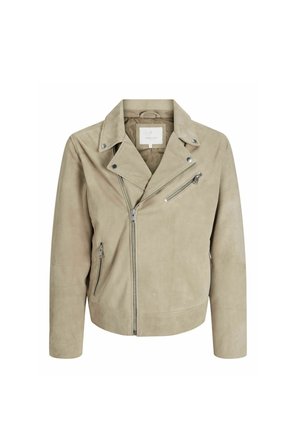 Smėlio spalvos odinė motociklininko striukė su apykakle, asimetrišku užtrauktuku ir dviem priekinių užtrauktukų kišenėmis. Lygus paviršius, minimalistinis dizainas.