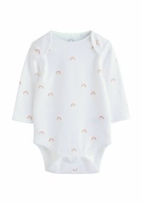 Un body à manches longues blanc avec de petits motifs de rainbow et une texture à pois. Il dispose de boutons-pression au bas pour un habillage facile.