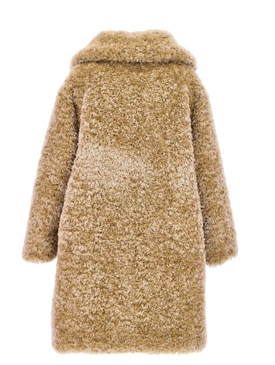 Faux-Fur-Mantel in Hellbraun. Verfügt über einen breiten Kragen, lange Ärmel und eine weiche, strukturierte Oberfläche mit einem leicht ombreähnlichen Effekt.