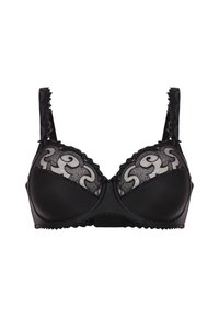 Soutien-gorge nero con una base in tessuto liscio e sovrapposizione di pizzo trasparente con motivi a spirale. Spalline regolabili con bordi ondulati. Chiusura posteriore a gancio.