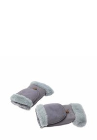 Szare zamszowe rękawiczki z miękkim, jasnoniebieskim sztucznym futerkiem na mankiecie, z dodatkiem guzika i prostym, zaokrąglonym kształtem.