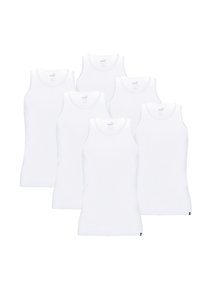Set aus sechs weißen Baumwolltanktops mit breiten Trägern und einem runden Halsausschnitt. Jedes Oberteil hat ein kleines Logo nahe dem unteren Saum.