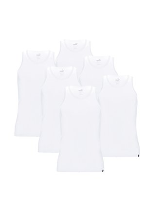 Set of six white cotton tank tops featuring wide shoulder straps and a rounded neckline. Each top has a small logo near the bottom hem.