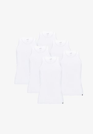 Set aus sechs weißen Baumwolltanktops mit breiten Trägern und einem runden Halsausschnitt. Jedes Oberteil hat ein kleines Logo nahe dem unteren Saum.