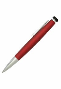 Red metal ballpoint pen with a matte finish, silver accents, a silver clip, and a black rubber grip at the top. Smooth pointed tip for writing.
