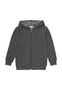 Hallideg gray zip-up sweatshirt, mis on valmistatud pehmest kangast, esiküljel tõmblukk, kaks eesmist taskut ja kapuuts. Karedad ribikätised ja ääred.