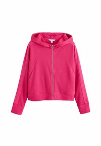 Rosa gerippter Reißverschluss-Hoodie mit einer großen Kapuze, Raglanärmeln und gerippten Bündchen. Glattes Material mit einem strukturierten Muster im gesamten Stoff.