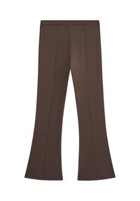 Pantaloni marroni svasati con vita piatta e dettagli di cuciture visibili sul davanti e sulle ginocchia.