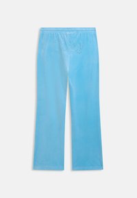 Pantaloni din velur albastru deschis cu talie elastică și decor cu rhinestone "Juicy" pe spate.