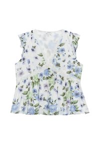 Blumenbluse aus leichtem Stoff, mit weißem Grund und blauen sowie grünen Blumen. Sie hat einen tiefen V-Ausschnitt und Spitzenrand mit schwingenden Ärmeln.