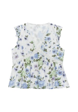 Blommig blus i lätt tyg, med en vit bas och blå och gröna blommor. Den har en djup V-ringning och spetsdetaljer med flytande ärmar.