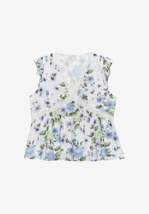 Kukallinen paita kevyestä kankaasta, valkoinen pohja sinisiä ja vihreitä kukkia. Siinä on syvä V-pääntie ja pitsikoriste sekä lehdön hihat.