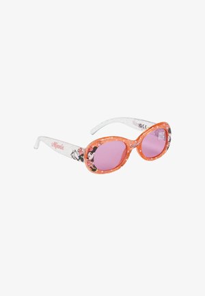 Occhiali da sole per bambini con montatura arancione, lenti rosa e braccioli bianchi con macchie, caratterizzati da una grafica di Minnie Mouse e dettagli testuali.