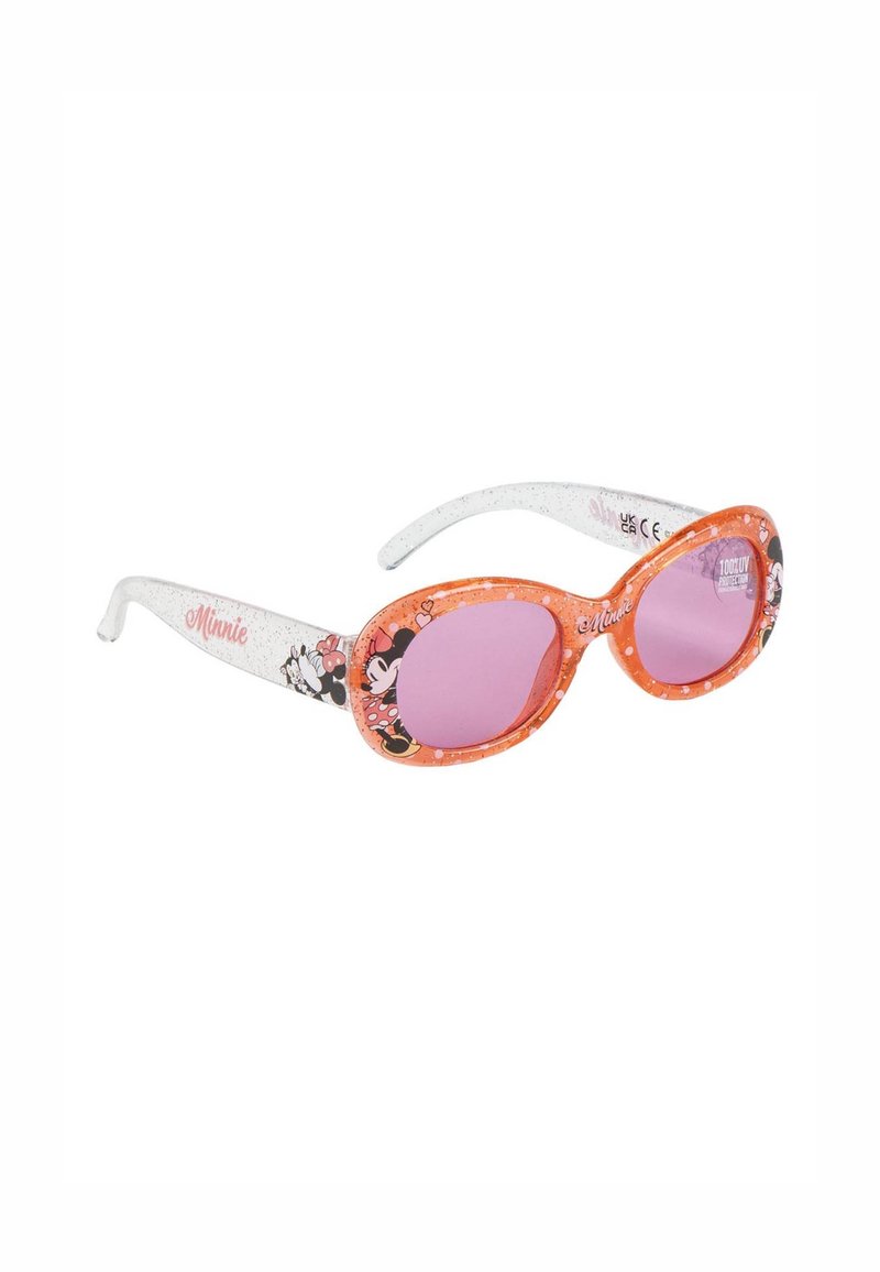 Lunettes de soleil pour enfants avec une monture orange, des verres roses et des branches à motif blanc émaillé avec un graphique de Minnie Mouse et des détails textuels.