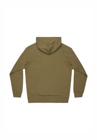 Felpa verde oliva, morbida miscela di cotone, maniche raglan, cappuccio regolabile con cordino, polsini e orlo a coste, texture liscia.