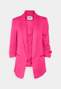 Blazer rosa con finitura in satin, apertura frontale, rever a punta, maniche a tre quarti e due tasche laterali. L'interno è foderato in rosa coordinato.