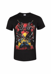 Černé bavlněné tričko s potiskem grafiky Deadpoola a Wolverinea, se živými barvami a složitými detaily, včetně mečů a log.