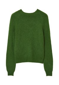 Grün gestrickter Pullover mit Rundhalsausschnitt, gerippten Bündchen und strukturiertem Finish. Besitzt eine lockere Passform und Raglanärmel.