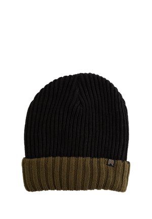 Gebreide beanie met een zwarte bovenkant en een gestructureerde olijfgroene manchet aan de onderkant. Inclusief een klein logo label op de manchet.