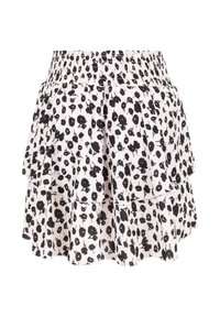 Fehér, réteges szoknya fekete absztrakt virágmintával és elasztikus derékrésszel.