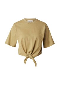 Korte, cropped, T-shirt met korte mouwen van beige katoen, met een ronde halslijn en een knoopdetail aan de voorkant. Zachte textuur en een casual ontwerp.