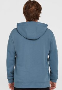 Blue hoodie made of soft fabric, with a drawstring hood, ribbed cuffs and hem, and a smooth texture on the back.