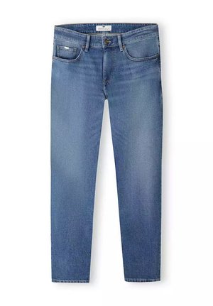 Granatowe dżinsy z denimu, o prostym kroju nogawek, z delikatnym odbarwieniem, pięcioma kieszeniami i zapięciem na guzik w pasie.