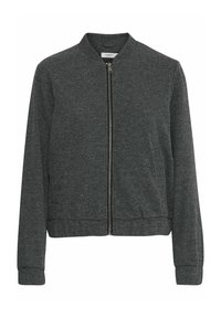 Veste bomber grise avec une fermeture éclair à l'avant, des poignets et un ourlet côtelés ; fabriquée en tissu texturé, avec un col rond classique.
