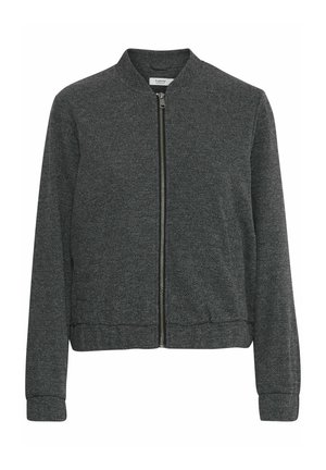 Gray bomber jacket with a zippered front, ribbed cuffs, and hem; made from textured fabric, featuring a classic round neckline.