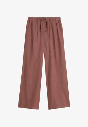 Pantaloni a gamba larga realizzati in un tessuto leggero di colore rosa polveroso. Presentano una vita elasticizzata con cordoncino per una vestibilità regolabile.