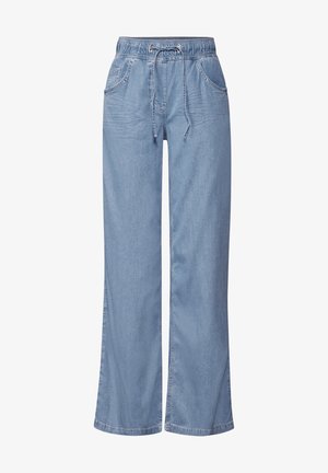 Pantaloni in denim azzurro chiaro a gamba larga con vita elastica, dettaglio con coulisse, due tasche frontali e una texture morbida e liscia.