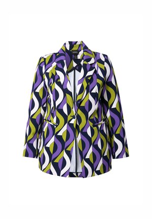 Blazer met een gedurfd patroon van groene, paarse, witte en marineblauwe wervelingen. Gemaakt van een glad materiaal met revers en twee voorkeurszakken.