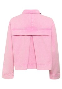 Rosa denimjacka med avslappnad passform, långa ärmar och en veckdetalj bak. Har en klassisk krage och stickade detaljer.