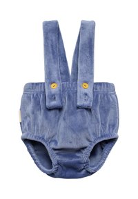 Monos espaciales de bebé de pana azul con tirantes ajustables y botones amarillos. Presenta una cinturilla fruncida y una textura suave, diseñado para comodidad.