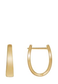 Orecchini a cerchio in oro con una superficie liscia e piatta. Presentano un design a forma di U e una chiusura con perno compresso per un facile indosso.