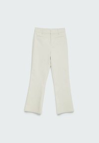 Cream-colored flared trousers with a smooth texture, front pockets, and a fitted waist. The fabric appears lightweight and has a subtle sheen.