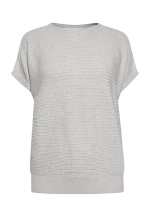 Hellgrauer kurzärmeliger Strickpullover mit gerippten horizontalen Streifen und weitem Saum am unteren Rand.