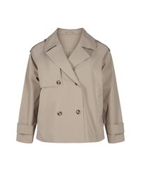 Beige dvojradový kabát s veľkými klopami, prednými vreckami a zvinutými rukávmi. Vyrobený z hladkej, ľahkej tkaniny.