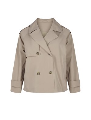 Beige Doppelreiherjacke mit großen Revers, Fronttaschen und umgeschlagenen Manschetten. Aus einem glatten, leichten Stoff gefertigt.