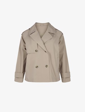 Bež srajcni plašč z dvojno zapenjanjem, velikimi reverji, sprednjimi žepi in zvitimi manšetami. Narejen iz gladkega, lahkega materiala.