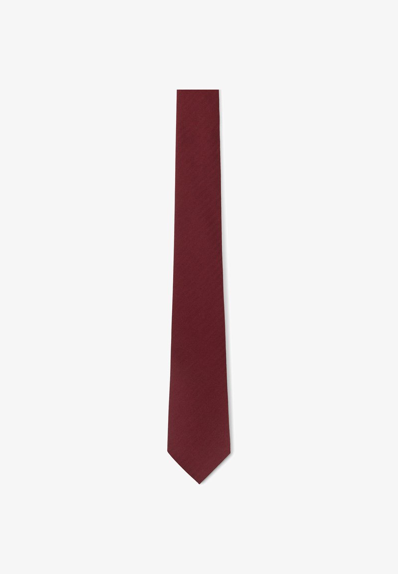 Bordeauxfarbige Krawatte mit strukturiertem Fischgrätenmuster, schmalem Design und spitzer Spitze; aus gewebtem Stoff für eine glatte Oberfläche gefertigt.