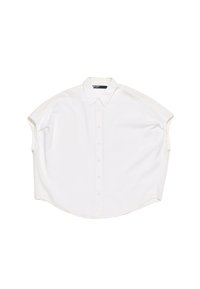 White short-sleeve button-up shirt featuring a pointed collar, relaxed fit, subtle texture, and rounded hemline.