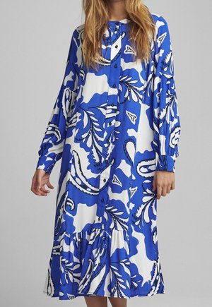 Robe à motifs floraux bleu et blanc avec des manches longues, des boutons sur le devant et un ourlet en tiered, fabriquée en tissu léger.